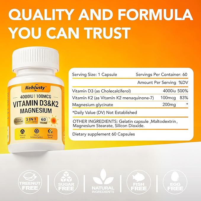 Vitamin D3 4000 iu and K2 Mk7 with Magnesium Glycinate Supplements for Women &amp Men Vegan 60 Capsules