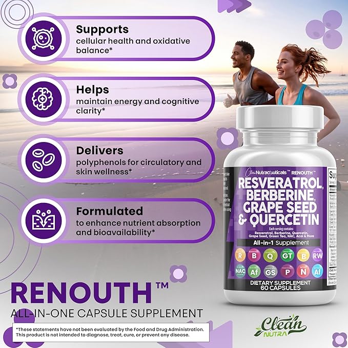 Clean Nutraceuticals Resveratrol Berberine Grape Seed Extract Quercetin Green Tea Extract Polyphenol Supplement for Women &amp Men N-Acetyl Cysteine Acai - 2Pack