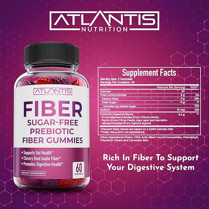 Atlantis Nutrition Sugar Free Fiber Gummies for Adults - 5G Fiber Supplement Formulated with 5.4G Prebiotic Digestive Blend - Supports Gut Health &amp Promotes Healthy Digestion - 2-Pack 120 Gummies