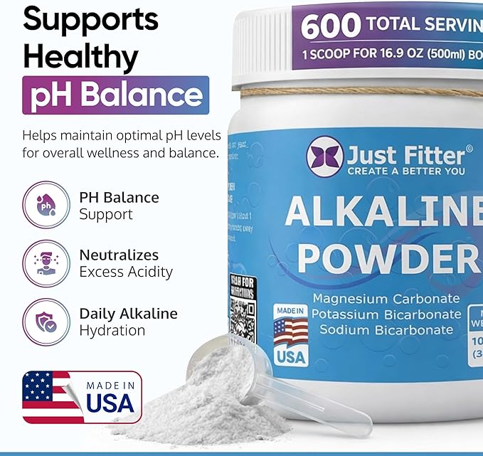Just Fitter Alkaline Powder Supports pH Alkalinity Balance and Helps neutralize Acidity. Slow Release Formula for Better Absorption and Gentle on the Stomach. Helps Reduce Excess Body Acid.