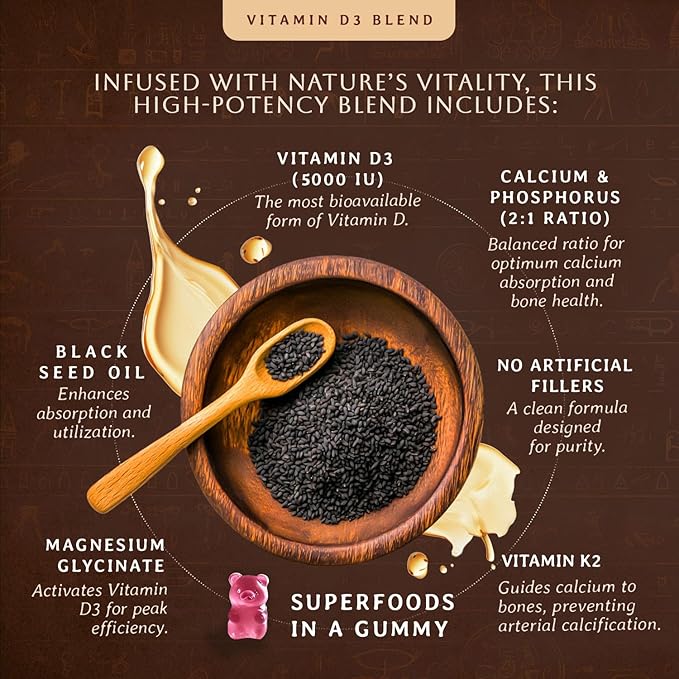 Vitamin D3 5000 IU Sugar Free Gummies with Black Seed Oil - Supports Bone Muscle Cardiovascular &amp Immune Health - Chewable Vitamin D - USA Made