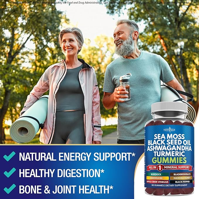 Sea Moss Gummies Sea Moss Black Seed Ashwagandha Turmeric Manuka Honey ACV Dandelion Black Pepper Burdock Bladderwrack Vegan - 60 Count