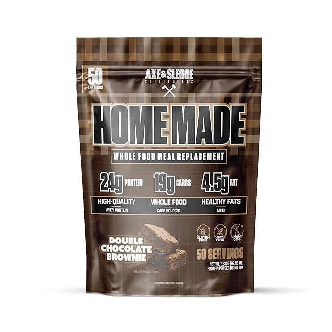 Axe &amp Sledge Home Made Meal Replacement Powder | 48g Protein | Digestive Enzymes &amp Fiber | Non-GMO Premium Ingredients | Protein for Bulking | 25 Servings Double Chocolate Brownie