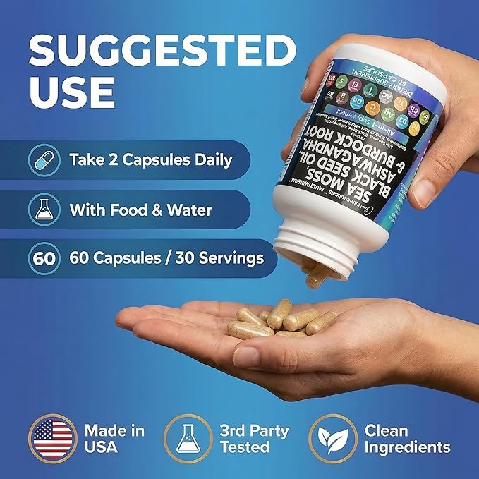 Clean Nutraceuticals Sea Moss Black Seed Oil Ashwagandha Turmeric Bladderwrack Burdock &amp Vitamin C Vitamin D3 with Elderberry Manuka Dandelion Yellow Dock Iodine Chlorophyll ACV