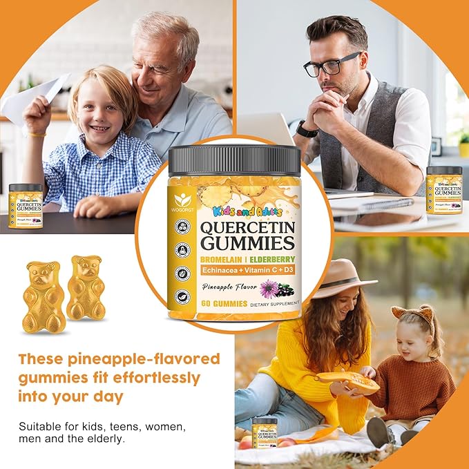 Quercetin Gummies with Bromelain for Adults &amp Kids - Immune &amp Seasonal Wellness Support 800mg Quercetin with Bromelain Zinc Elderberry Vitamin C &amp D3 - Sugar Free Vegan Pineapple Fla