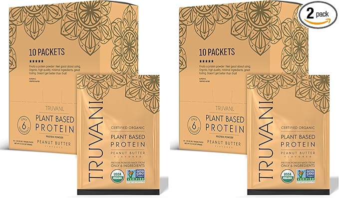 Truvani Vegan Pea Protein Powder | Peanut Butter | 20g Organic Plant Based Protein | Single Serving Travel Packets | 10 Servings | Keto | Gluten &amp Dairy Free | Low Carb | No Added Sugar (Pack of 2