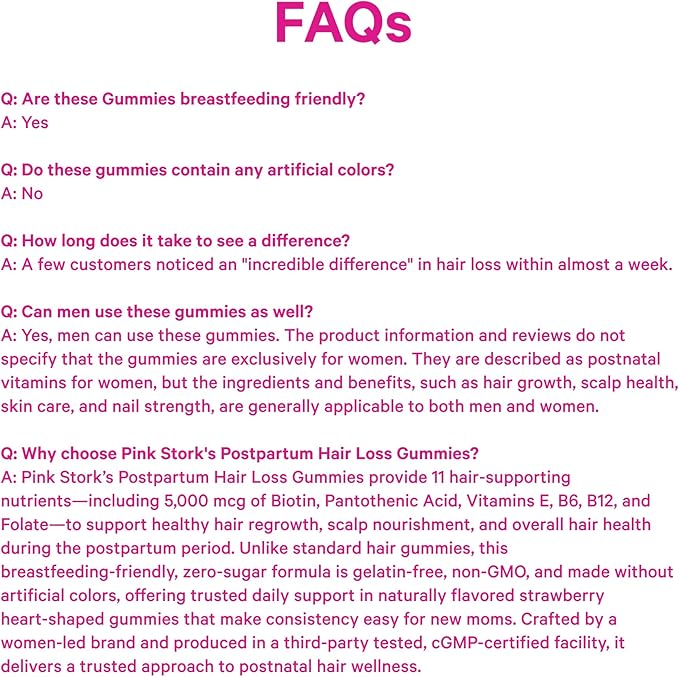 Pink Stork Postpartum Hair Loss Gummies | Biotin Pantothenic Acid Vitamin E B6 B12 | Postnatal Hair Growth + Regrowth Support | Breastfeeding-Friendly | Postpartum Essentials | 60 Gummies