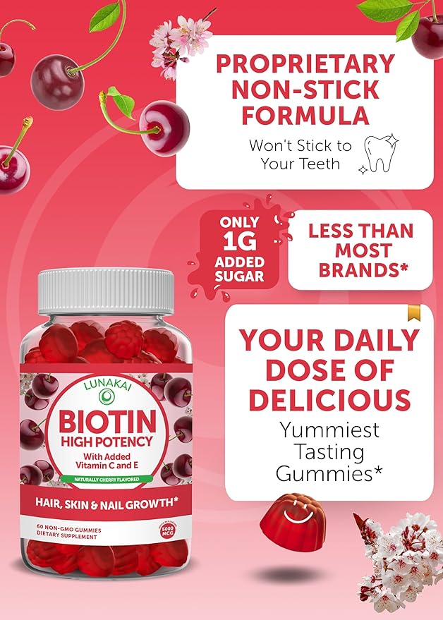 Lunakai Biotin &amp Elderberry Gummies Bundle - Gummy for Hair Growth Skin Glow and Stronger Nails with Vitamin C and E - Immune Support Supplement for Adults and Kids