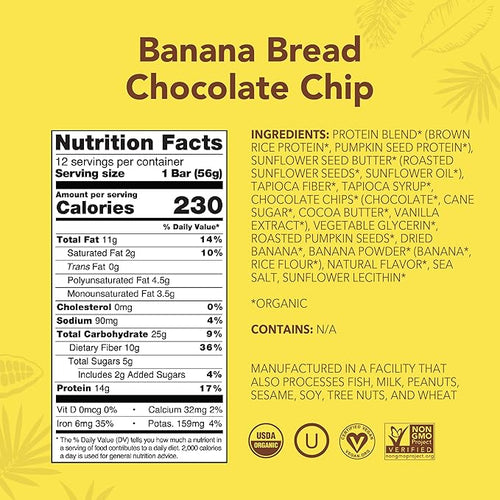 ALOHA Organic Plant Based Protein Bars - Banana Bread Chocolate Chip - 12 Count 1.9oz Bars - Vegan Snacks Low Sugar Gluten-Free Low Carb Paleo Non-GMO Stevia-Free No Sugar Alcohols