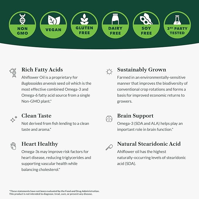 Greens First Ahiflower Oil Plant-Based Omega-3 Supplement – Vegan Omega-3 to Support Brain Immune Joint &amp Heart Health - Essential Fatty Acids - Gluten-Free/Dairy-Free/Soy-Free (90 Softgels)