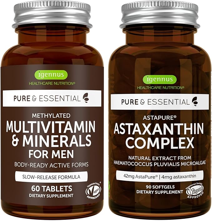Multivitamin &amp Minerals for Men + Astaxanthin Complex Vegan Bundle Sustained Release Advanced Multivitamin + 4 mg H. Pluvialis Natural Astaxanthin by Igennus