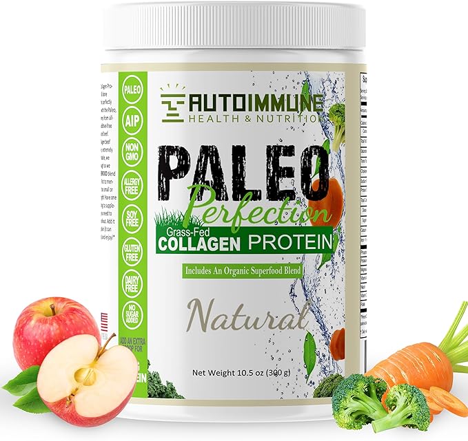 Paleo Perfection Natural Grass Fed Beef Collagen Protein Powder for Men &amp Women w/ Apple Fiber Carrot Broccoli - 300g Paleo Keto SCD AIP Protein Powder &amp Superfood Blend - Unflavored Uns