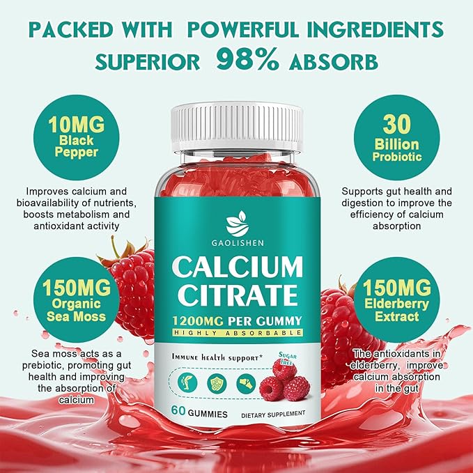 Sugar Free Calcium Citrate 1200mg with Vitamin D3 Supplements Gummies Calcium Gummies with Vitamin D3 K2 for Women &amp Men Raspberry Flavor 60 Day Supply