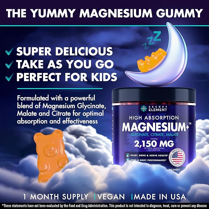 Magnesium Glycinate 2150MG Gummies for Women and Men High Absorption Magnesium Glycinate Citrate Malate Gummies for Adults &amp Kids Sleep Support Sugar Free Vegan 60 Chews Orange