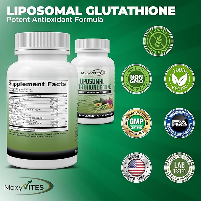 Liposomal Glutathione Supplement 500mg - Pure L Glutathione (GSH) Reduced - Active Form Made with Organic Whole Food Non GMO Phospholipid Complex - Antioxidant - 120 Count