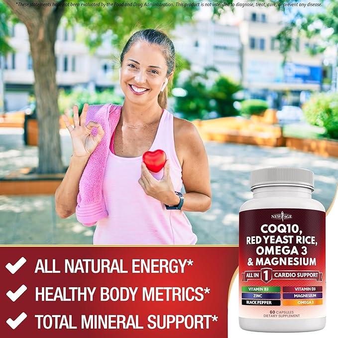 NEW AGE COQ10 200mg Red Yeast Rice Omega 3 Magnesium Complex Zinc Vitamin K2 D3 - Heart Health Support Vitamins for Women and Men with Vitamin B3 Coenzyme Q10-60 Count