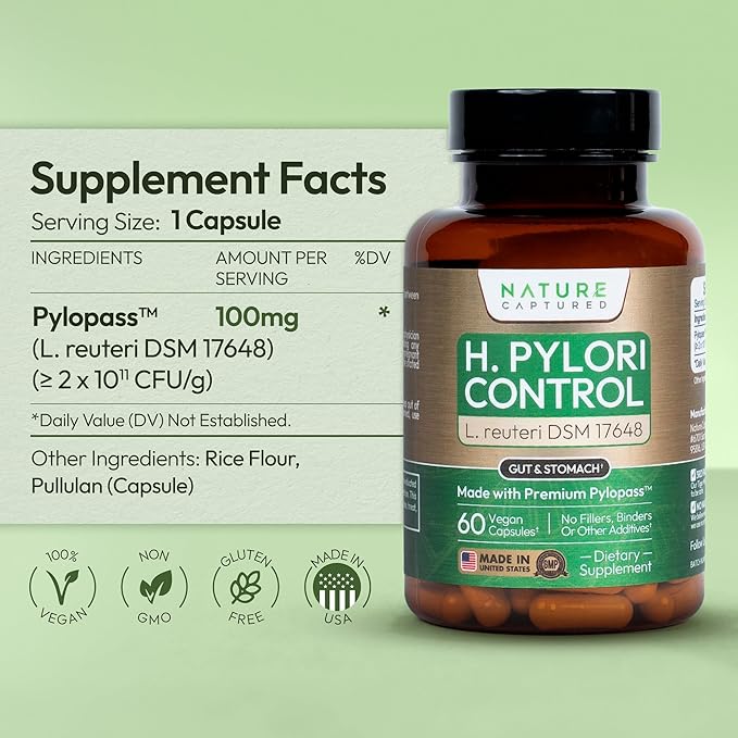 H Pylori Control - with Pylopass™ - Lactobacillus Reuteri DSM 17648-60 Capsules - 200 Billion CFU/g - Supports Elimination of Bad Bacteria in Stomach &amp Gut - GMP - Additive Free