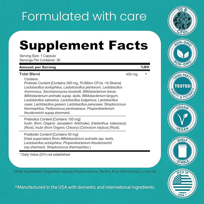 NaturaLife Labs Probiotics 70 Billion CFU – 15 Strains with Organic Prebiotic &amp Postbiotic – 3-in-1 Formula – 30 Vegan Capsules