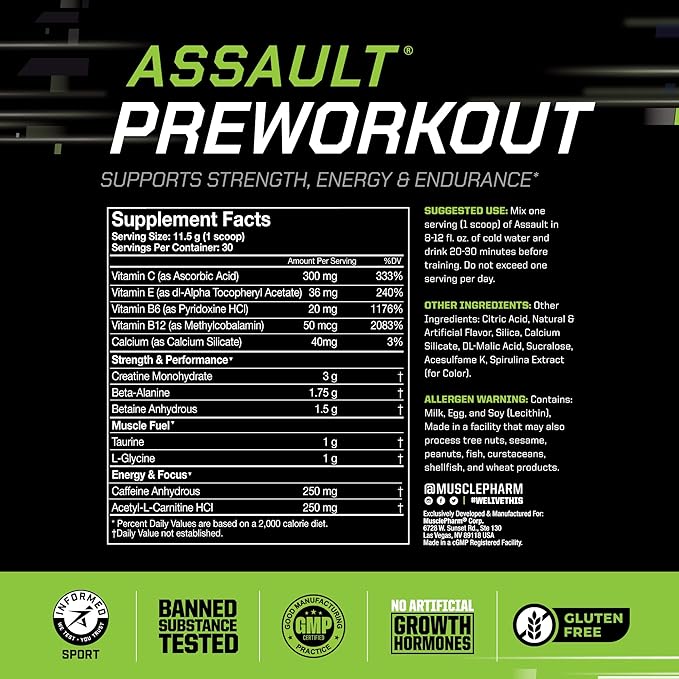 Muscle Pharm Combat 4lb Chocolate Protein and MusclePharm Assault Blue Raspberry Pre-Workout