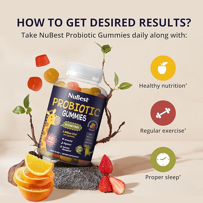 NuBest Daily Probiotic Gummies for Kids &amp Teens with 5 Billion CFUs | Supports Immune Gut and Digestive Health | No Added Sugar | Yummy Strawberry &amp Orange Flavors | 60 Premium Vegan Gummies