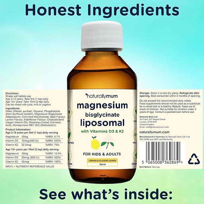 Magnesium Liposomal | with Vitamins D3 &amp K2 | Magnesium Bisglycinate | for Children &amp Adults | Highly Absorbable Liquid Supplement | Lemon &amp Elderflower Flavour | 30-Day Supply | 5 fl oz