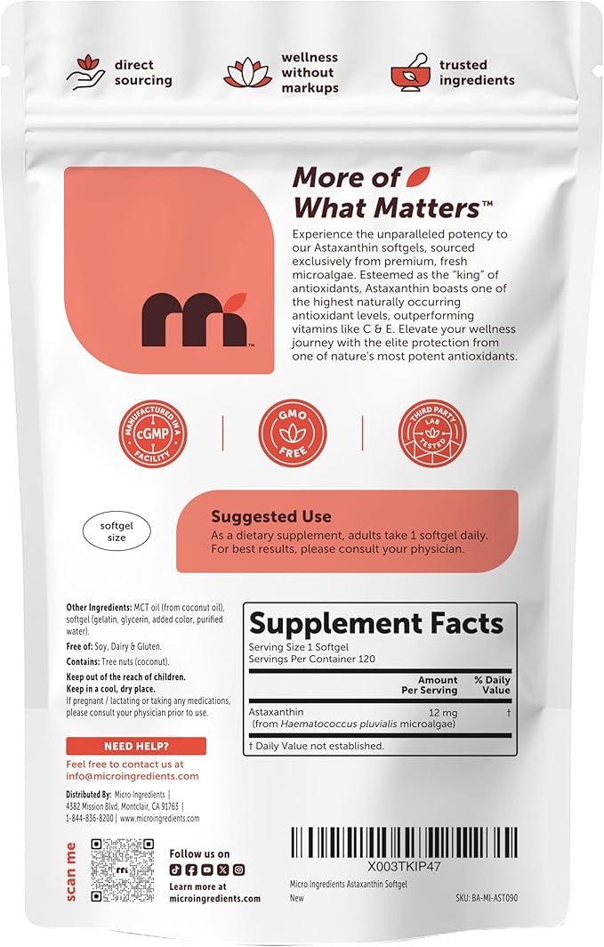 Micro Ingredients Astaxanthin 12mg with MCT Oil 120 Softgels 4 Month Supply | Premium Astaxanthin Antioxidant Supplements* | Fresh Microalgae Source | Triple Strength Non-GMO Gluten Free No Soy