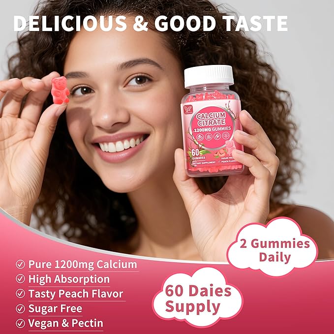 (3 Pack) Calcium Citrate 1200 mg Gummies for Women &amp MenCalcium Supplements for WomenHigh Absorption for Bone Muscle Healthy - Easy to Digest Sugar FreeVeganPeach Flavor90 Day Supply