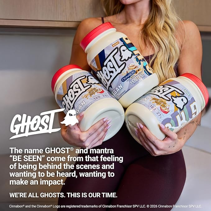 GHOST Vegan V2 Protein Powder Cinnabon - 2LB Tub 25G of Protein - Plant-Based Pea &amp Organic Pumpkin Blend Protein with Fiber &amp Iron ­- Flavored Post Workout Shakes - Soy &amp Gluten Free