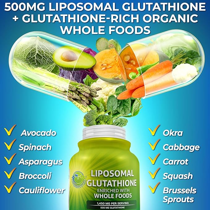 Liposomal Glutathione 500mg - Active Form L Glutathione (Reduced) for Maximum Absorption - Made with Organic Whole Foods - Master Antioxidant &amp Detoxifier - Immune &amp Cardiovascular Support - 6