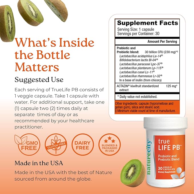 NatureCity True-Life-PB Shelf Stable Blend Prebiotics and Probiotics for Women and Men - Digestive Gut Health Supplements for Women and Men - Dairy Free - (60 Veggie Capsules)
