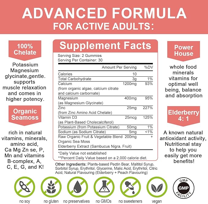 Plan Calcium Gummies with D3Zinc - Plant Complex Calcium Magnesium Supplement with GlycinatePotassiumVitamin C &ampWhole Natural Food for Bone &amp Immune Support- 120 Chewable Gummy Sugar-Free