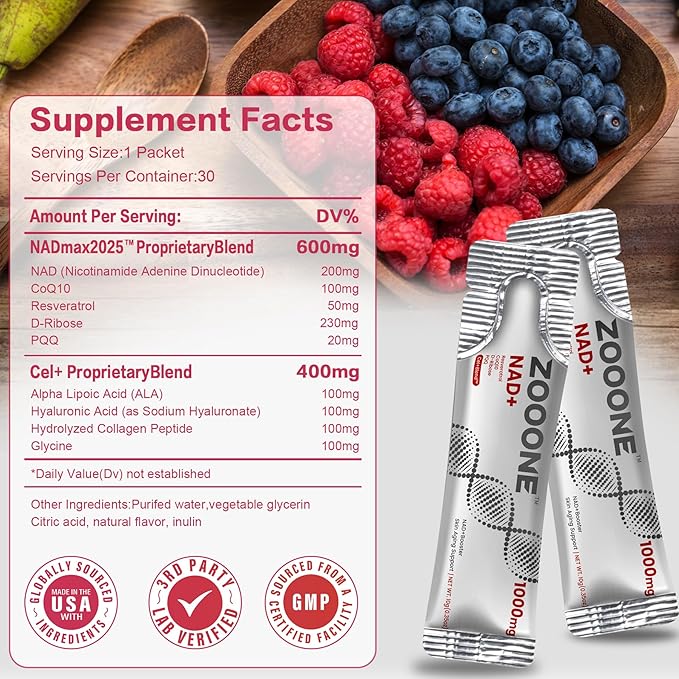 zooone NAD+ Supplement with Resveratrol Liquid Designed to Help Support Absorption 1000mg NMNH Supplement Alternative for Anti-Aging Boost Energy Support Cellular 30 Pockets