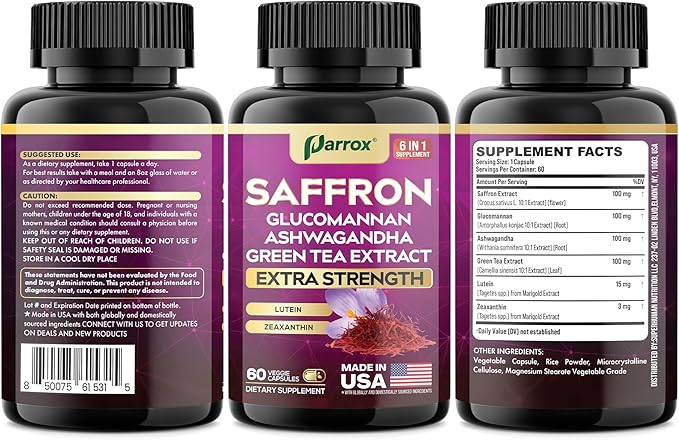 Saffron Supplement with Glucomannan Ashwagandha Green Tea Extract Zeaxanthin &amp Lutein Vision Support &amp Daily Wellness Formula Extra Strength Plant-Based Capsules 4 Month Supply (2 Pack)