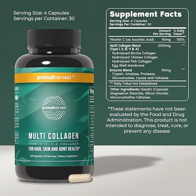 Primal Harvest 2 Pack Multi Collagen Pills for Women and Men (Type I II III V X) Collagen Supplements for Women and Men 120 Capsules w/Vitamin C for Hair Skin Nails Collagen Peptides Pills