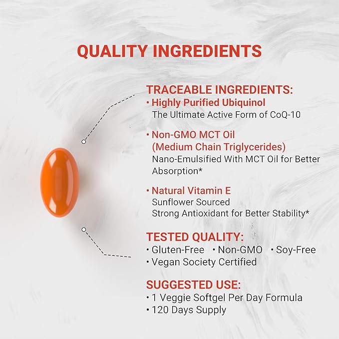 Naturalis Ubiquinol 100mg Active CoQ-10 Emulsified in MCT Oil for Better Absorption | Gluten Free Non-GMO &amp Soy-Free | Cardiovascular Wellness Antioxidant Protection and Healthy Skin*| 120 Soft