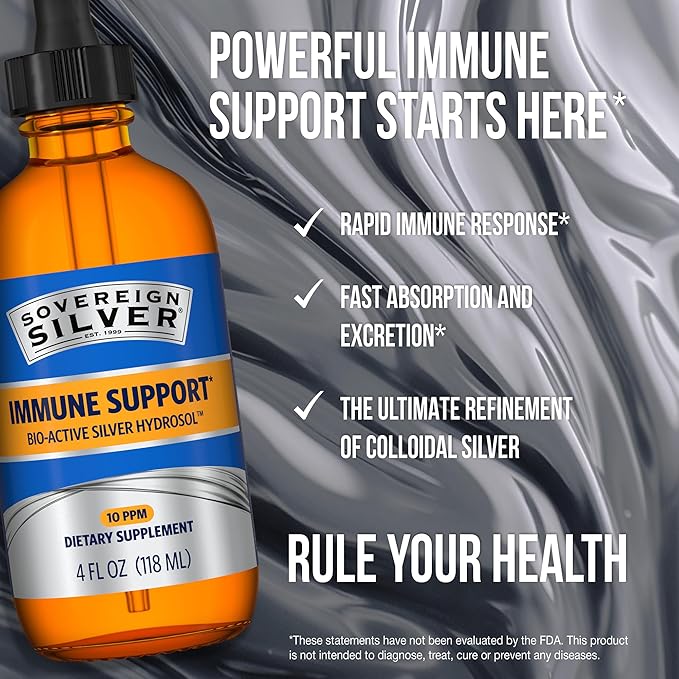 Sovereign Silver Immune Support - Colloidal Silver Bio-Active Silver Hydrosol 10 ppm Liquid Dropper 4 Fl Oz (118 mL)
