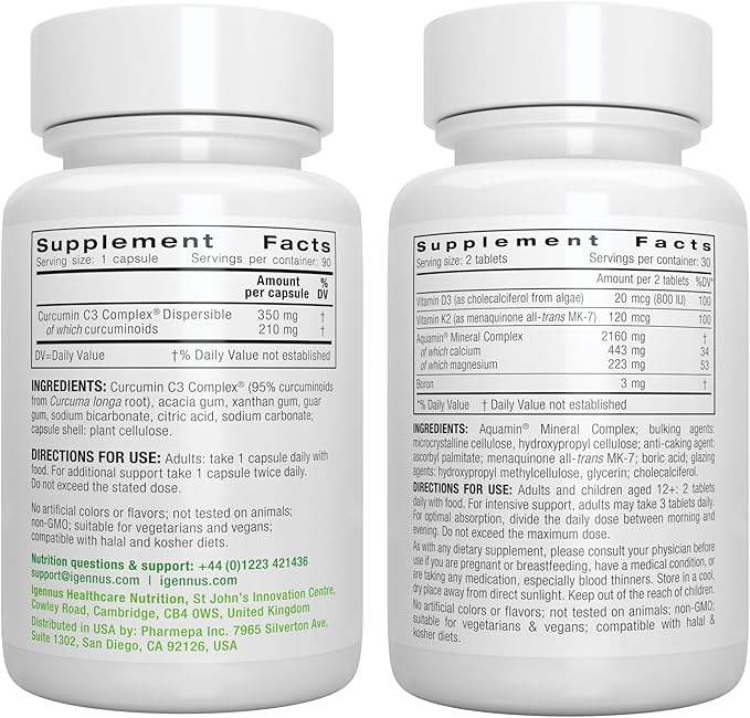 Algae Calcium &amp Magnesium Complex + High Absorption Curcumin C3 Complex Vegan Bundle for Bones Joints &amp Recovery from Exercise by Igennus