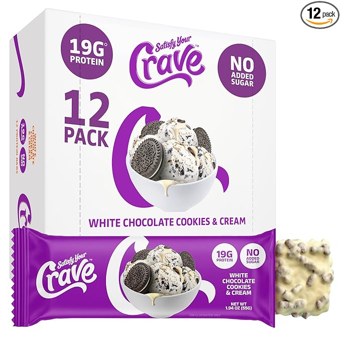 Satisfy Your Crave Protein Bars– High Protein Delicious Snacks– 19g of Protein No Added Sugar– White Chocolate Cookies &amp Cream– Perfect Breakfast On-the-Go Snack Pantry Staple &amp Office Trea