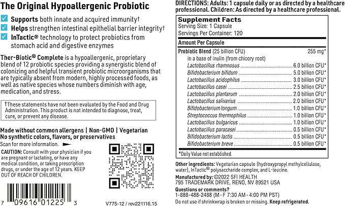 Klaire Labs SFI Health Ther-Biotic Complete - 25 Billion CFU Gut Probiotics for Women and Men - Hypoallergenic 12 Strain Probiotic Capsules for Digestive Health and Immune Support (120 ct)