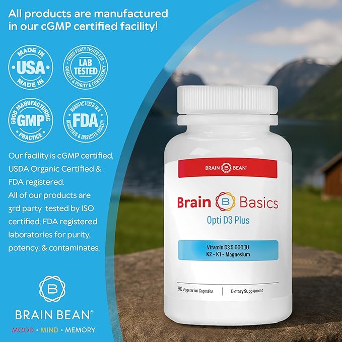 Brain Basic Opti D3 Plus - Vitamin D3 5000 IU with K1 K2 and Magnesium - Brain Support Supplement for Mood Mind Memory - Bone Muscle and Immune Health - Gluten Free Soy Free and Dairy Free