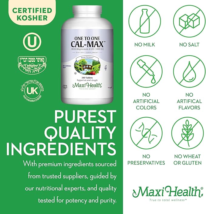Maxi Health 500 mg Calcium Supplement with Vitamin D3 (1000 IU) and Magnesium (500 mg) - Bone Teeth and Joint Support for Men and Women - 240 Tablets
