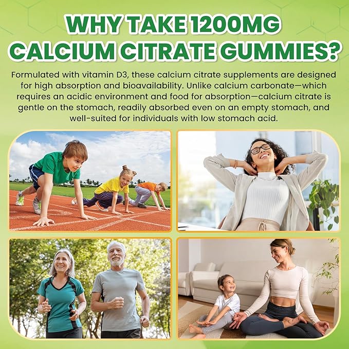 Calcium Citrate Gummies - 1200mg Calcium Gummies Supplements for Women &amp Men with Vitamin D3 K2 Magnesium Zinc High Absorption for Bone Muscle &amp Immune Support Apple &amp Kiwi Flavor 12