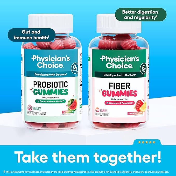 Physician's CHOICE Gut Gummy Bundle: Probiotic Gummies + Fiber Gummies - No Sugar Added &amp Vegan - Supports Digestive Health &amp Regularity for Women and Men