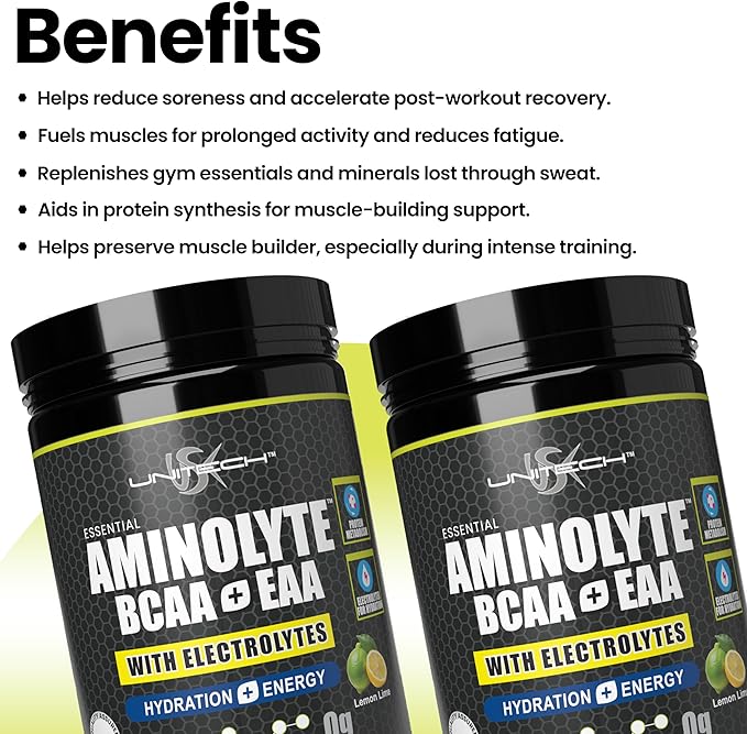 USK Unitech AminoLyte BCAA + EAA &amp Electrolytes Powder | Rich with Essential Amino Acids | Muscle Recovery &amp Hydration | Endurance &amp Performance Support | Dietary Supplement | Lemon Lime F