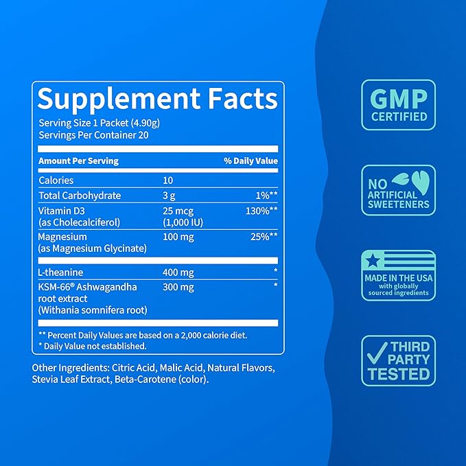 Nello Supercalm Powdered Drink Mix Cortisol Reducer* and Sleep Aid Supplement L Theanine Ksm-66 Ashwagandha Magnesium Glycinate Vitamin D 3 No Sugar Non GMO On The Go 20 Ct Pineapple Mint