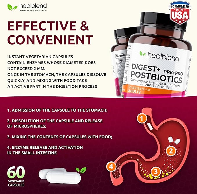 Digest + Postbiotics Supplement for Women and Men Multi Enzymes Organic Prebiotic &amp Probiotic for Digestive Health with Bromeline Papin and Lipase Non-GMO Gluten-Free 60 Vegetarian Caps