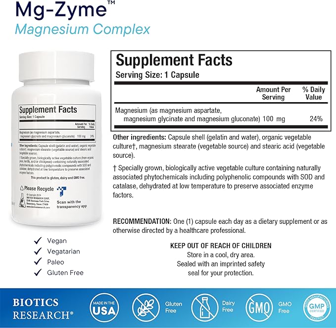 Biotics Research Mg-Zyme™ Triple Magnesium Complex 100 mg- Magnesium Glycinate Gluconate Aspartate Chelated Supplement High Absorption Support Sleep Energy Cardiovascular Health–100 Capsules