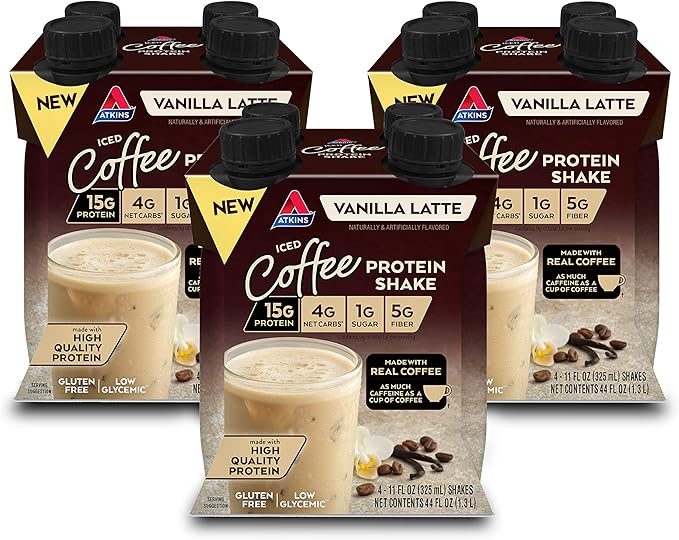 Atkins Mocha Latte Iced Coffee Protein Shake &amp Iced Coffee Vanilla Latte Protein Shake 15g Protein Low Glycemic 4g Net Carb 1g Sugar Keto Friendly 3 PACK