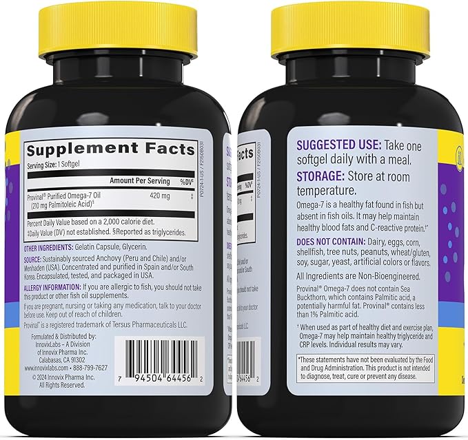 InnovixLabs Purified Omega 7 Supplement - 210 mg Omega-7 Palmitoleic Acid Fish Oil for Metabolism &amp Triglyceride Support Essential Fatty Acids IFOS Approved 30 Softgels