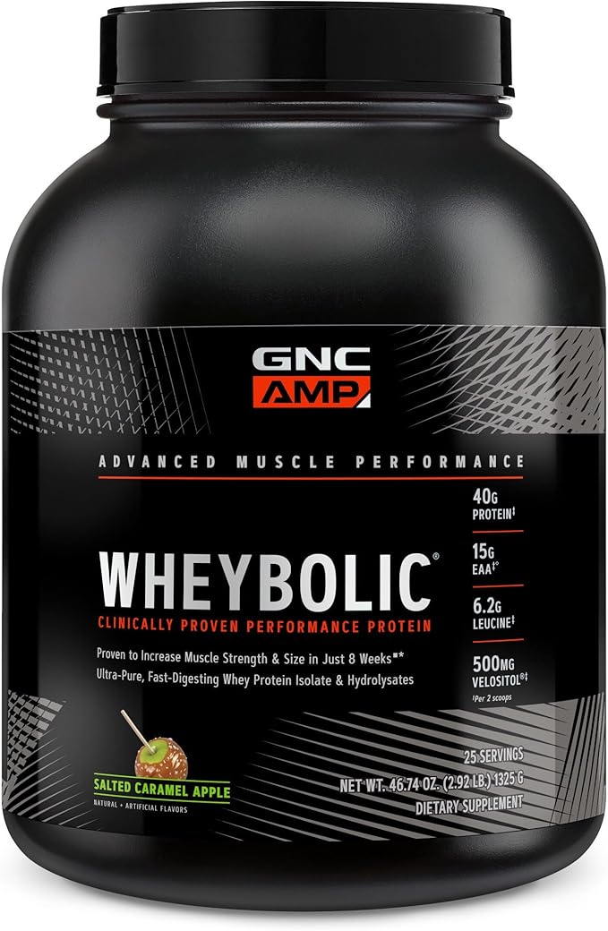 GNC AMP Wheybolic Protein Powder Targeted Muscle Building and Workout Support Formula Pure Whey Protein Powder Isolate with BCAA Gluten Free Salted Caramel Apple 25 Servings
